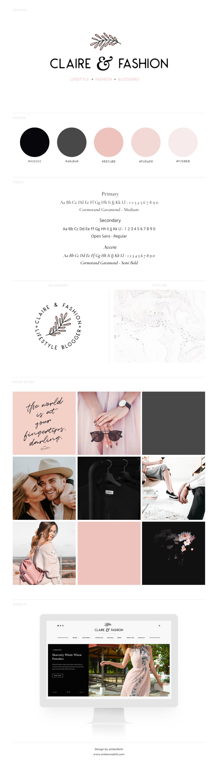Chick, feminine branding board example. Includes pink and gray colors, website, color palette, logo design, and moon board.