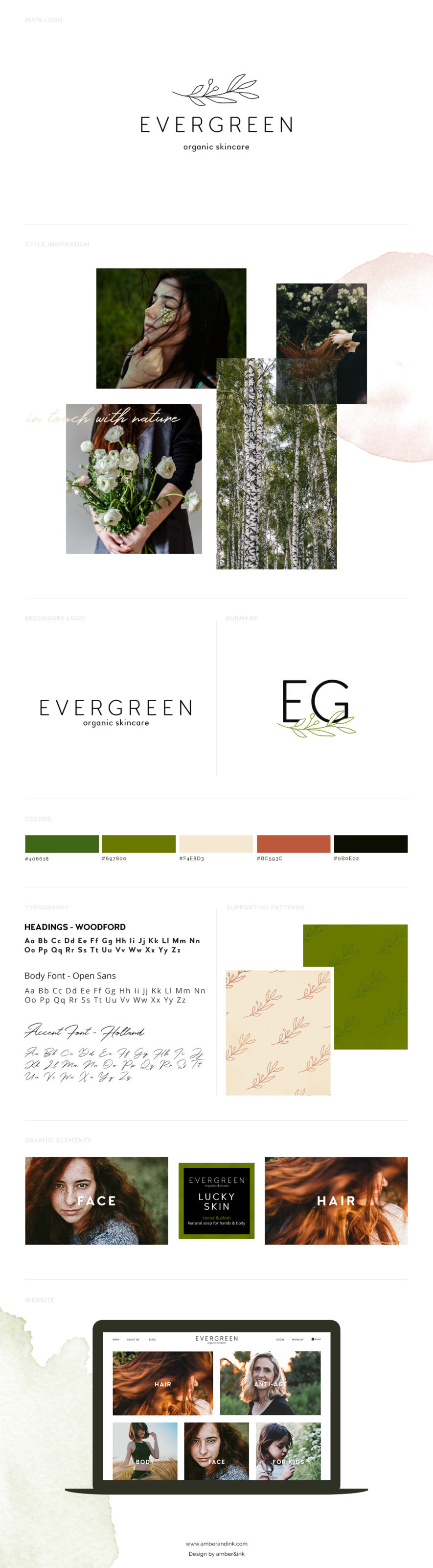 Creative, natural, eco-inspired brand board with green, earthly colors and feminine feel.